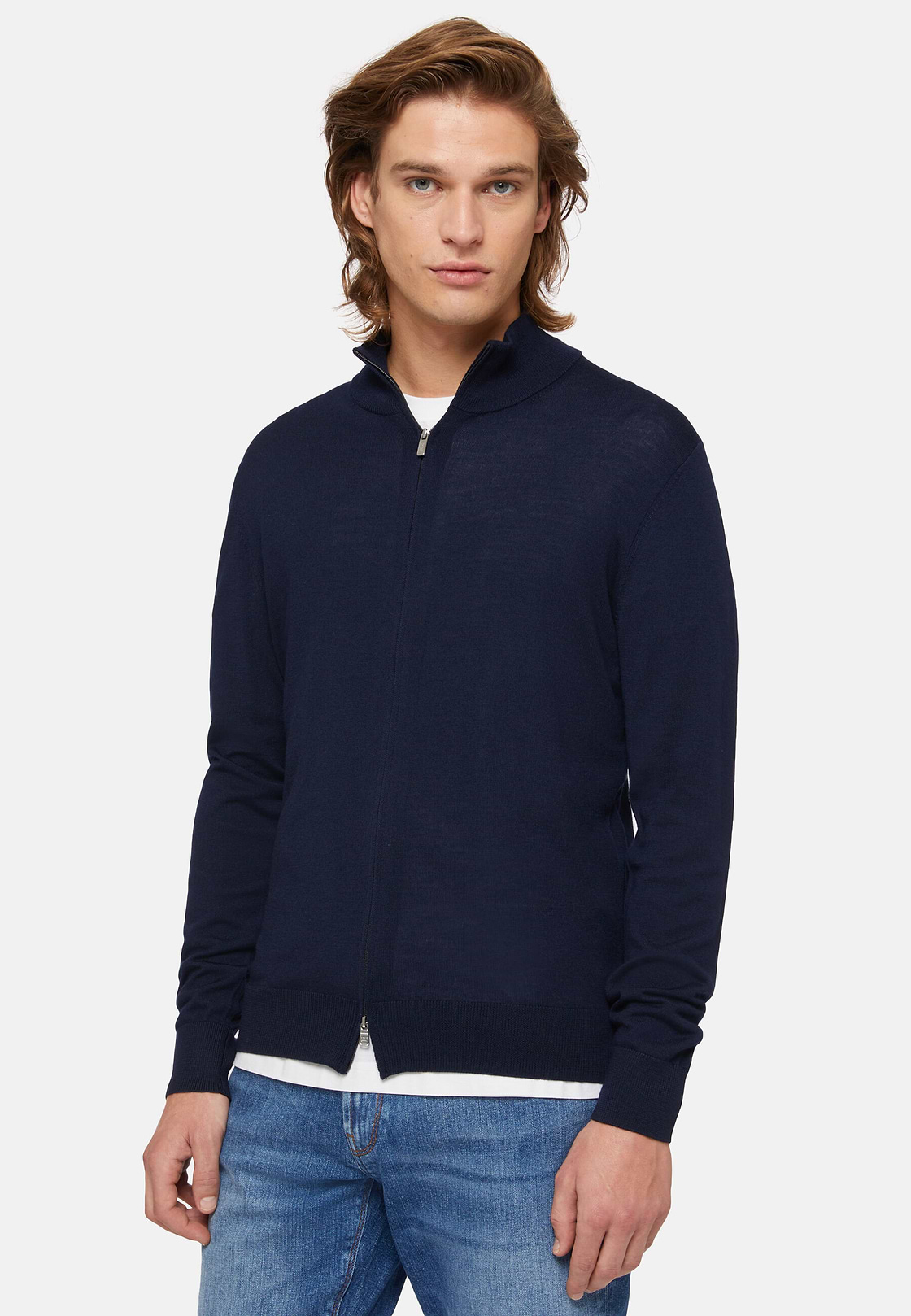 Navy Merino Wool Full Zip Jumper, Navy blue, hi-res