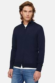 Navy Merino Wool Full Zip Jumper, Navy blue, hi-res