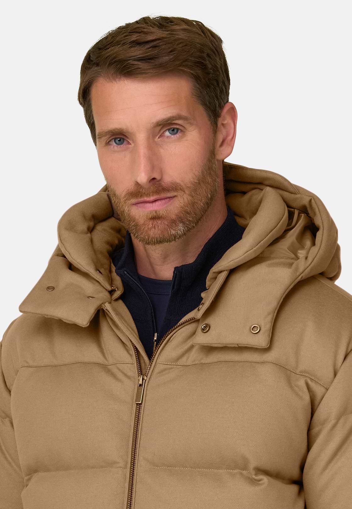 Bomber in Wool Blend Padded with Goose Down, Camel, hi-res, 3