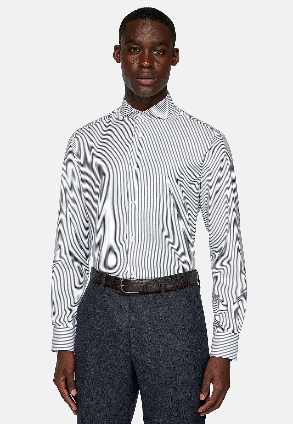 Chemise À Rayures En Sergé De Coton Slim Fit, Vert, hi-res