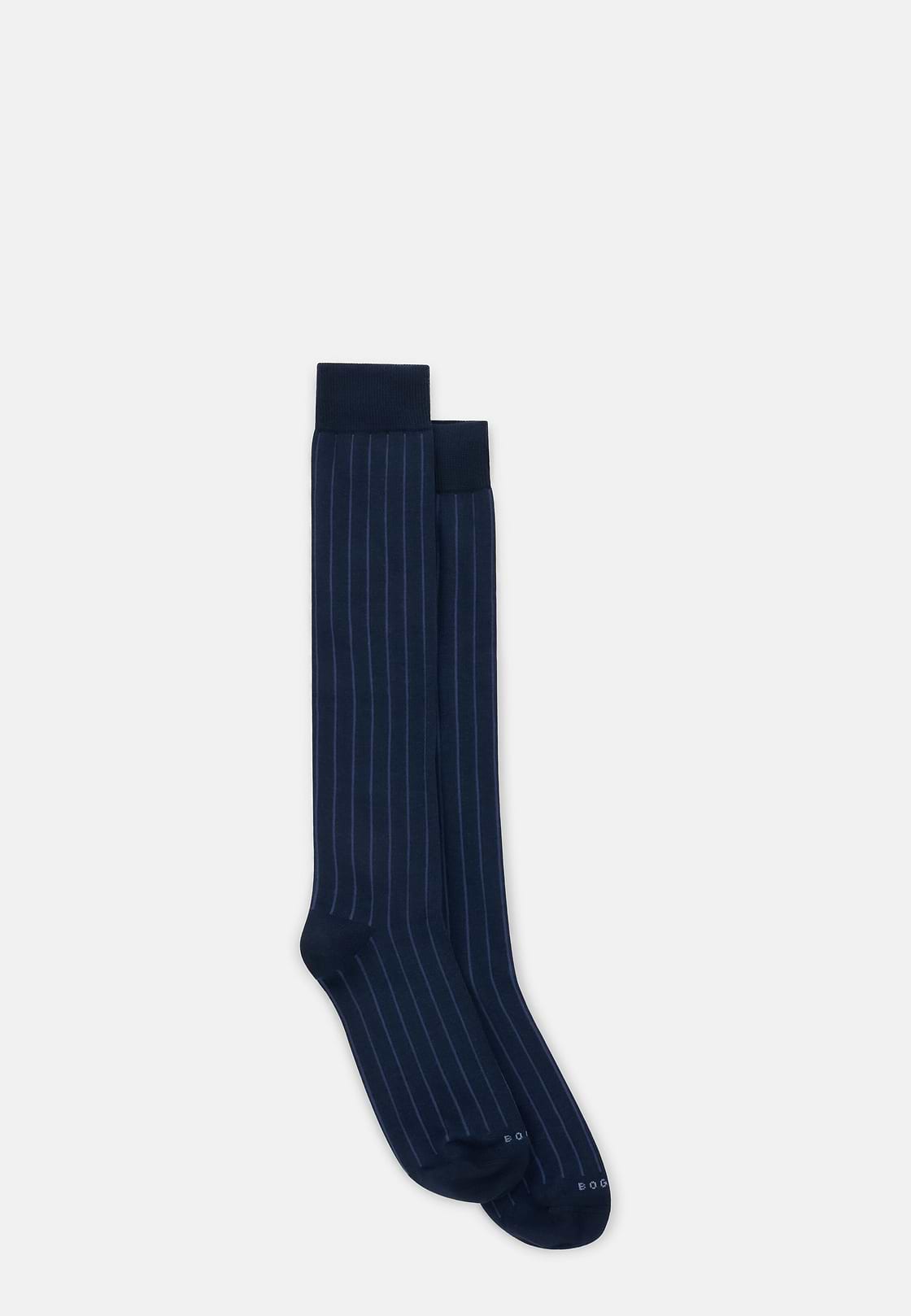 Long Socks Pinstripe Cotton Blend, Navy blue, hi-res, 2