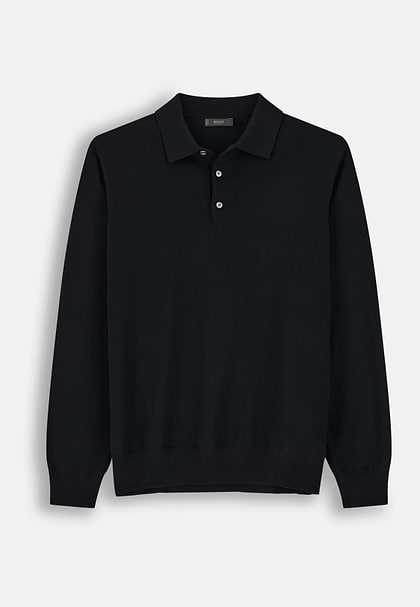 Polo z Dzianiny z Wełny Merino, Black, hi-res