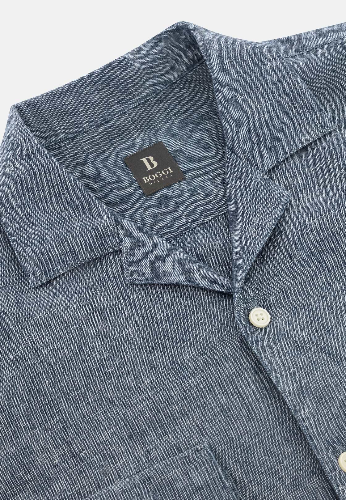 Camicia In Denim Di Lino Cotone, Blu, hi-res, 5