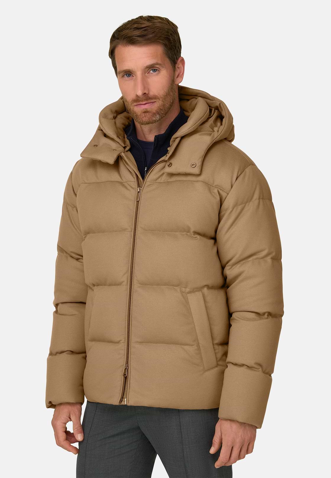 Bomber in Wool Blend Padded with Goose Down, Camel, hi-res, 1