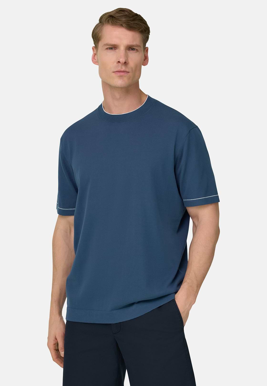 Strick-T-Shirt Aus Baumwollkrepp, Blau, hi-res, 1