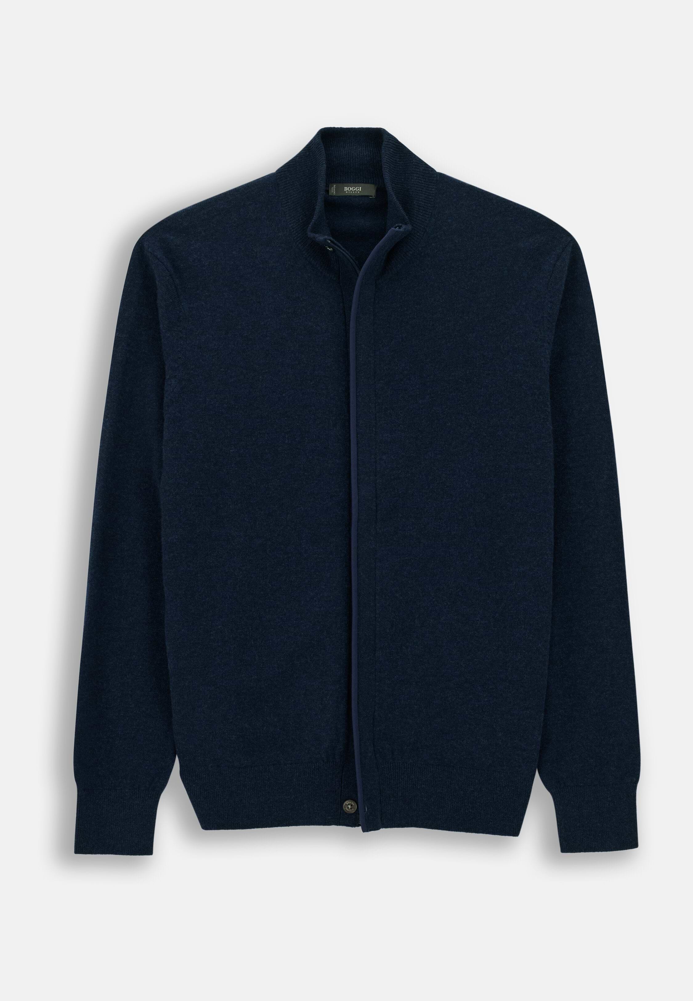 Men's Roll Neck Jumper Full-Zip Wool Cashmere Mélange, Navy blue