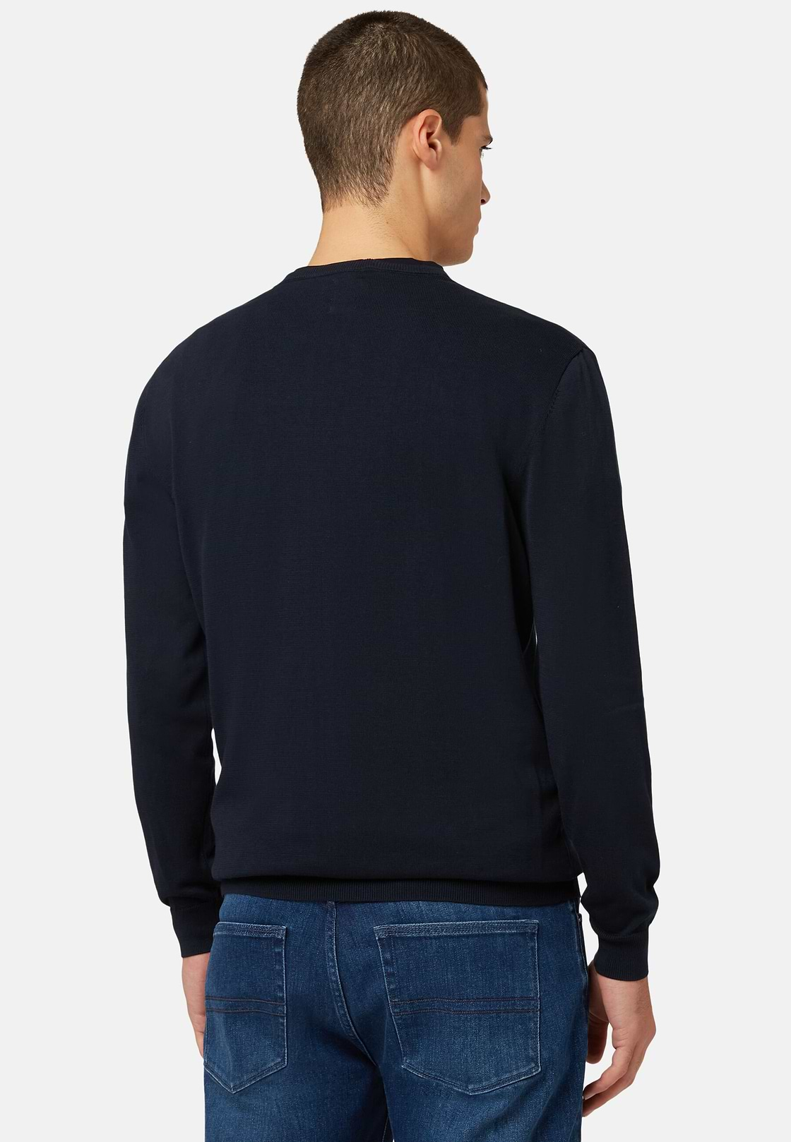 Navy Round-neck Pima Cotton Sweater, Navy blue, hi-res