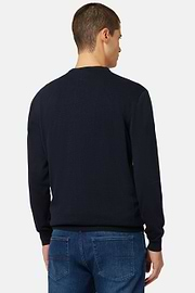 Navy Round-neck Pima Cotton Sweater, Navy blue, hi-res