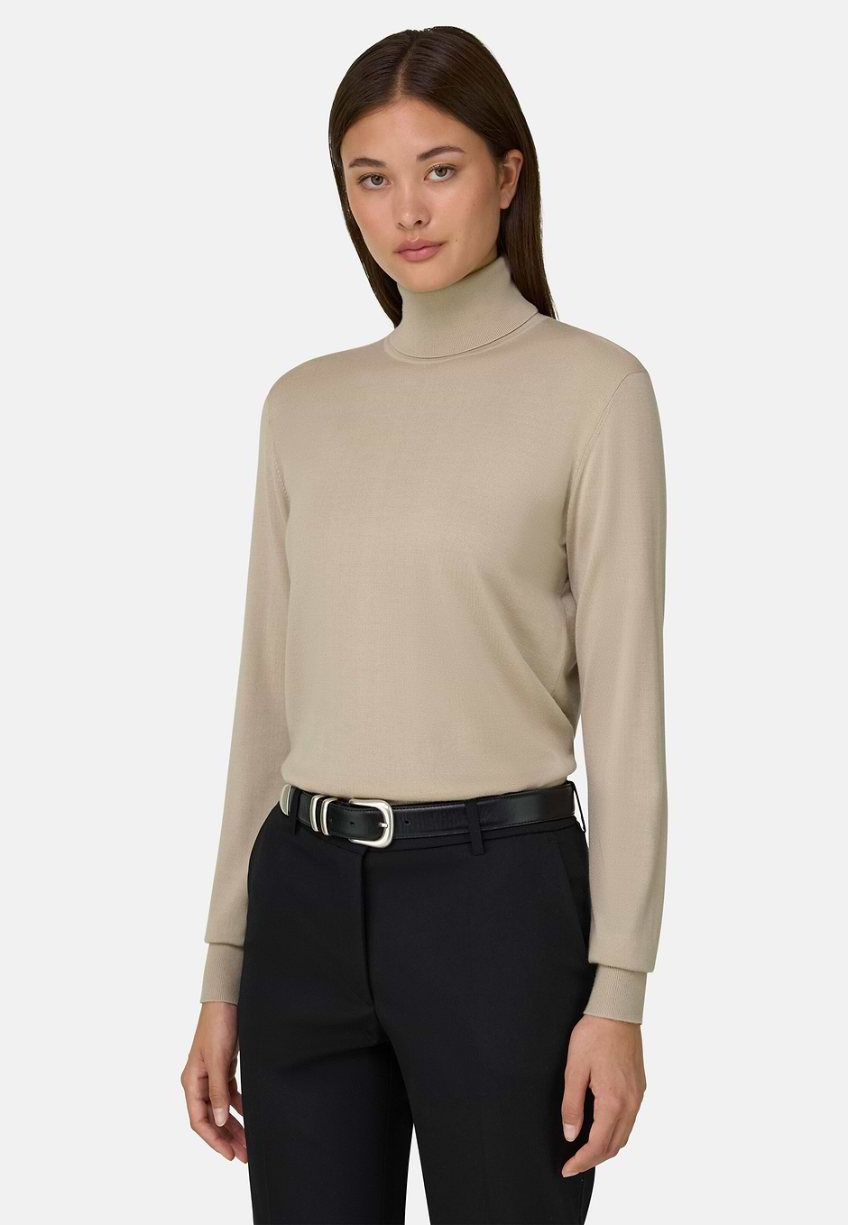 Turtleneck Jumper in Merino Wool Silk, Sand, hi-res