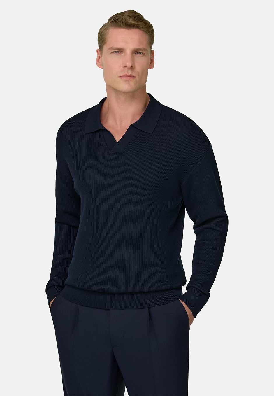 Cotton and Silk Knitted Polo Shirt Long Sleeve, Navy blue, hi-res