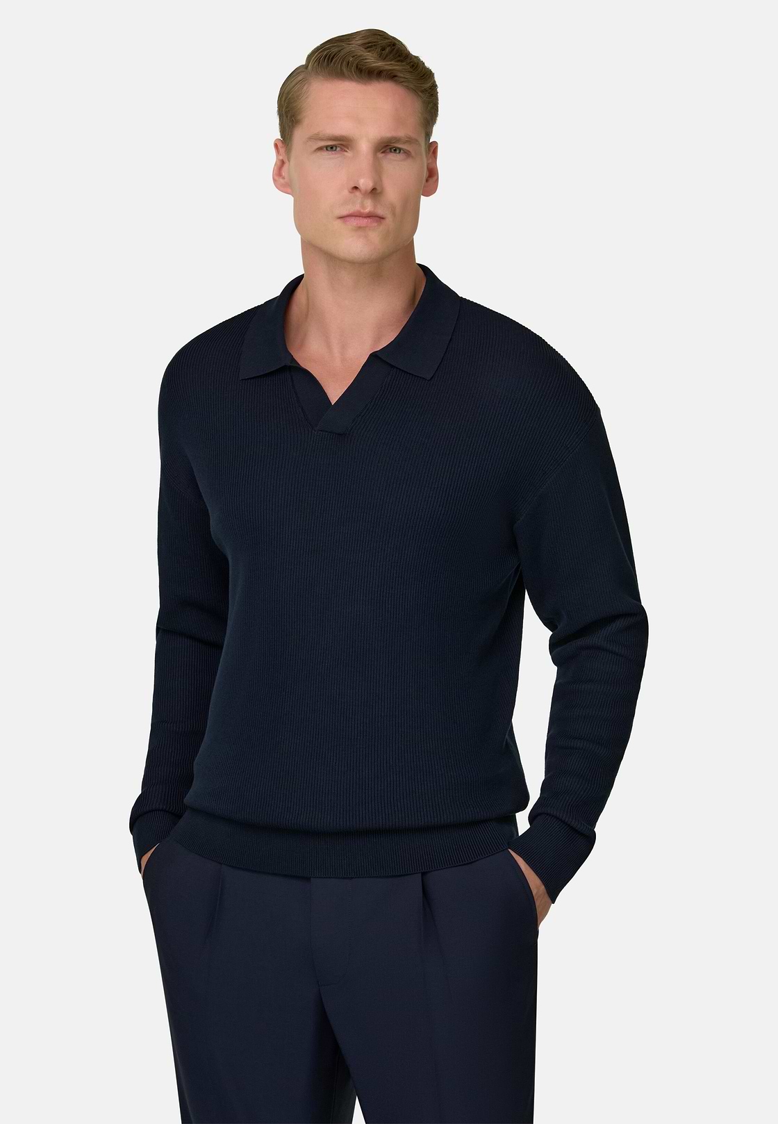 Polo Di Maglia In Cotone Seta, Navy, hi-res, 1
