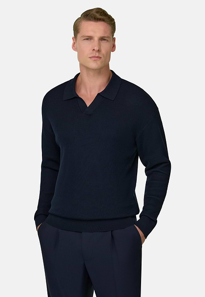 Cotton and Silk Knitted Polo Shirt, Navy blue, hi-res