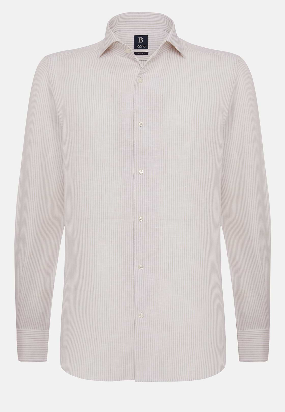 Beige Striped Regular Fit Linen Shirt, Sand, hi-res