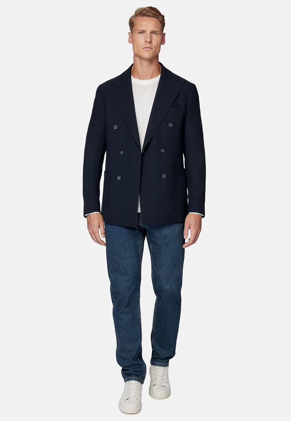 Jacket In Pure Wool Crepe, Navy blue, hi-res