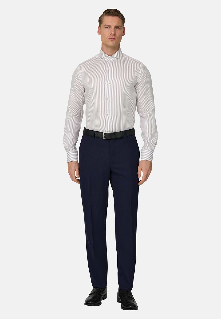 Camicia A Righe In Cotone Slim Fit, Marrone, hi-res