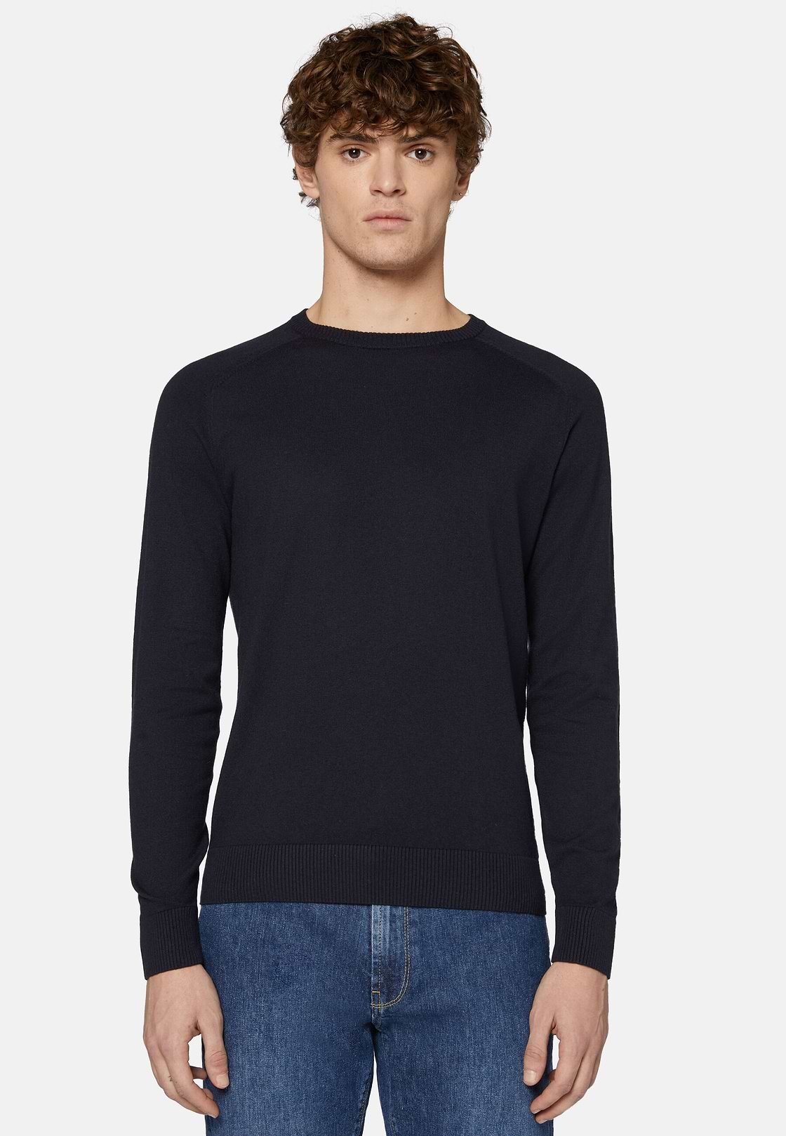 Navy Crew Neck Jumper in Cotton, Silk and Cashmere, Navy blue, hi-res