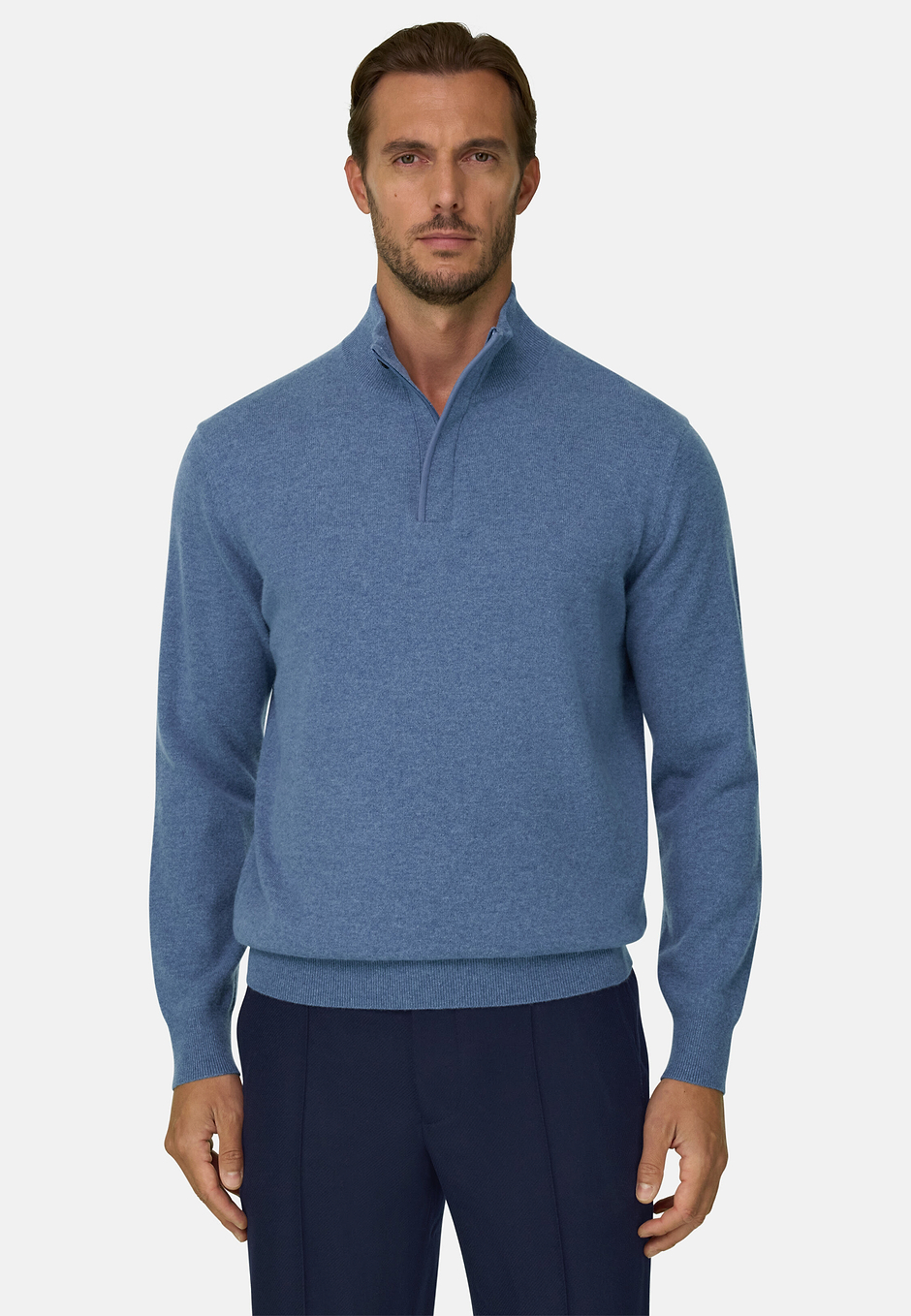 Col met Halve Rits in Wol Kasjmier Gemêleerd, Light Blue, hi-res