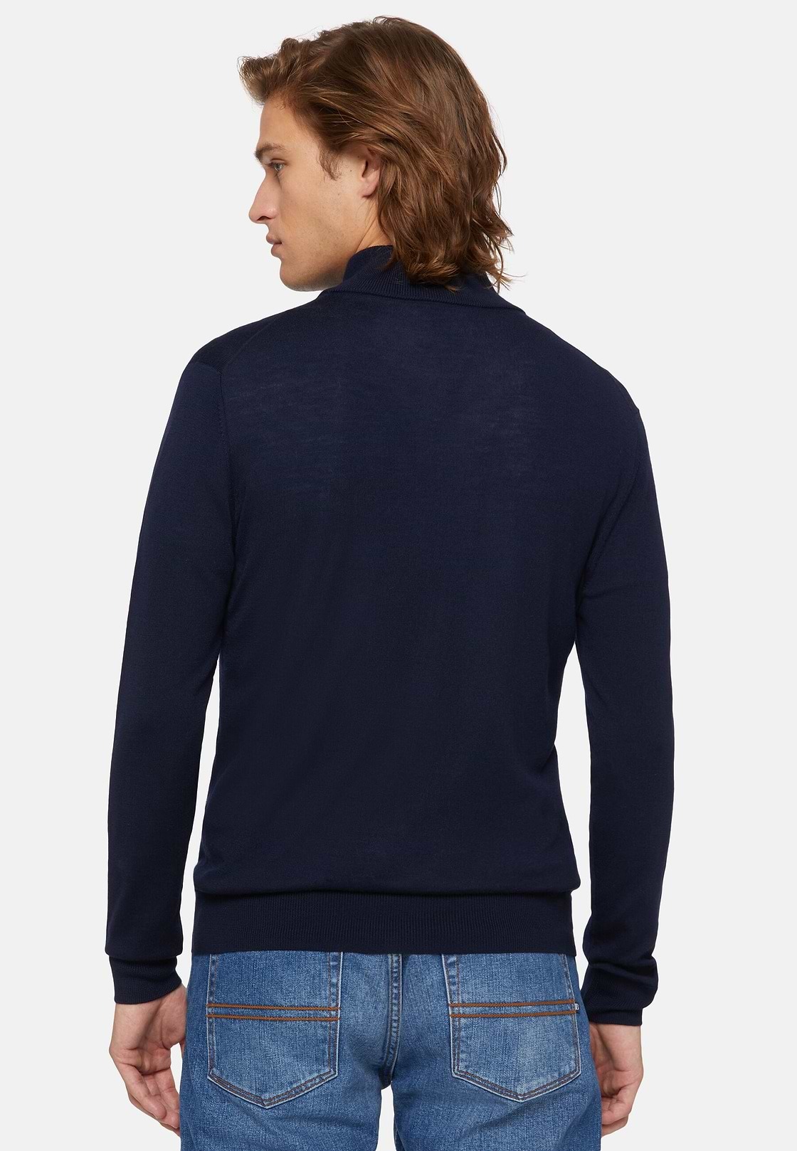 Navy Merino Wool Full Zip Jumper, Navy blue, hi-res