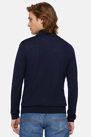 Navy Merino Wool Full Zip Jumper, Navy blue, hi-res