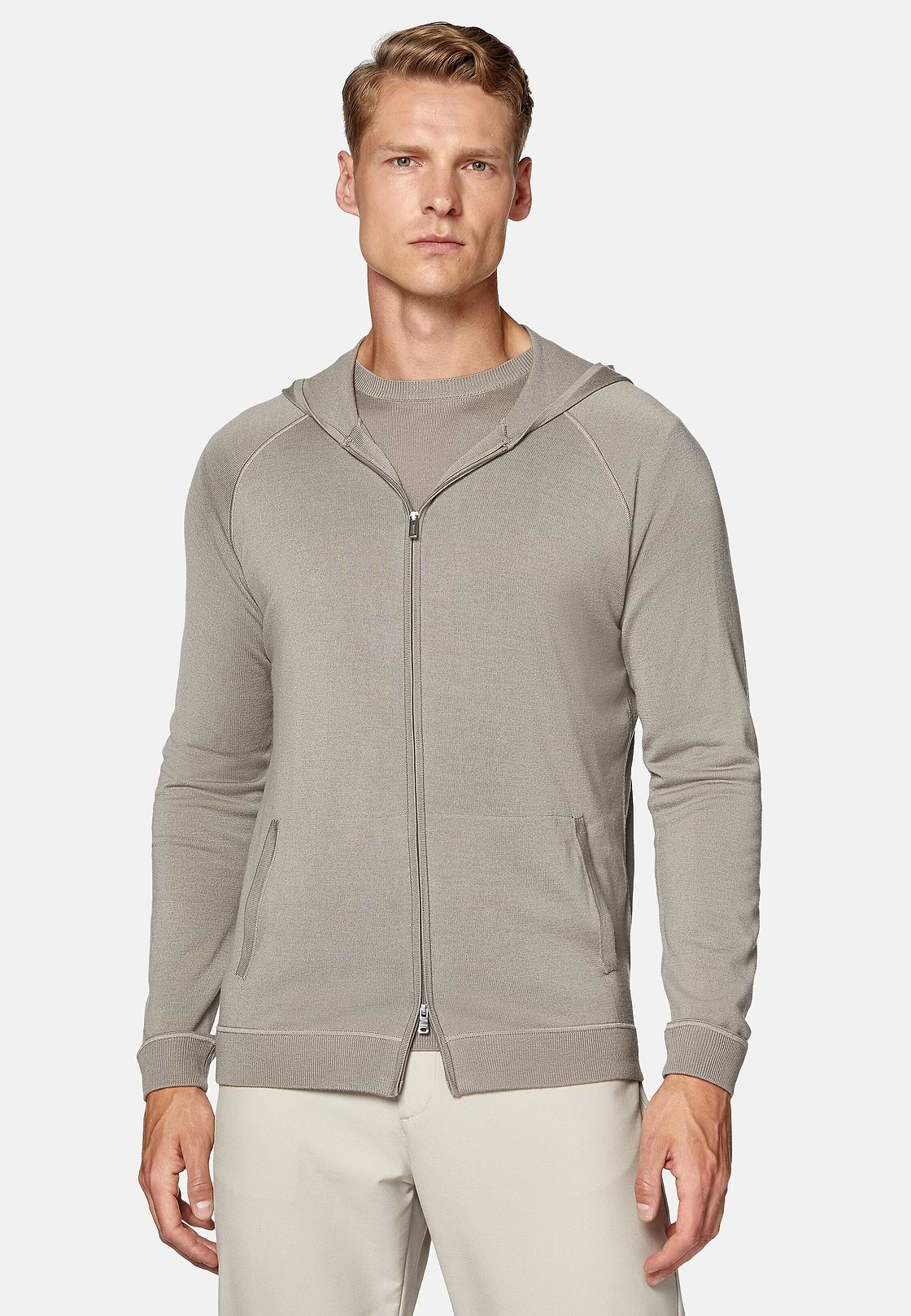 Taupefarbener Kapuzenpullover Mit Durchgehendem Reißverschluss Aus Merinowolle, Taupe, hi-res