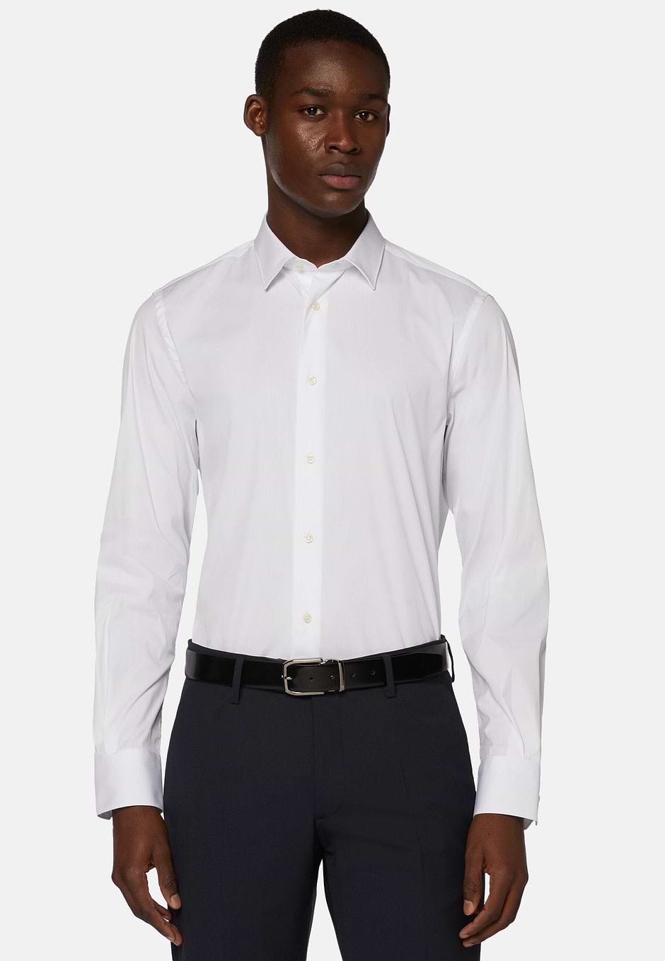 Slim Fit Black Shirt in Stretch Cotton, White, hi-res