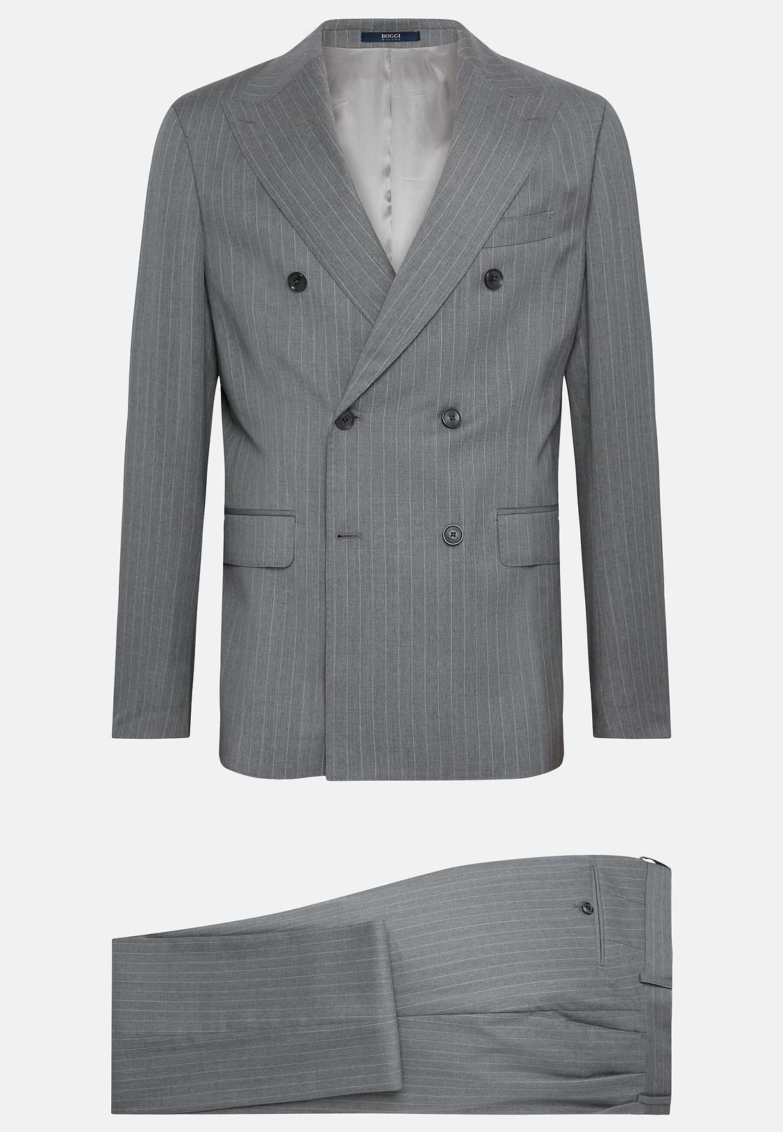 Double-Breasted Grey Pinstripe Suit In Pure Wool, Grey, hi-res