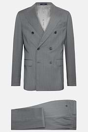 Double-Breasted Grey Pinstripe Suit In Pure Wool, Grey, hi-res