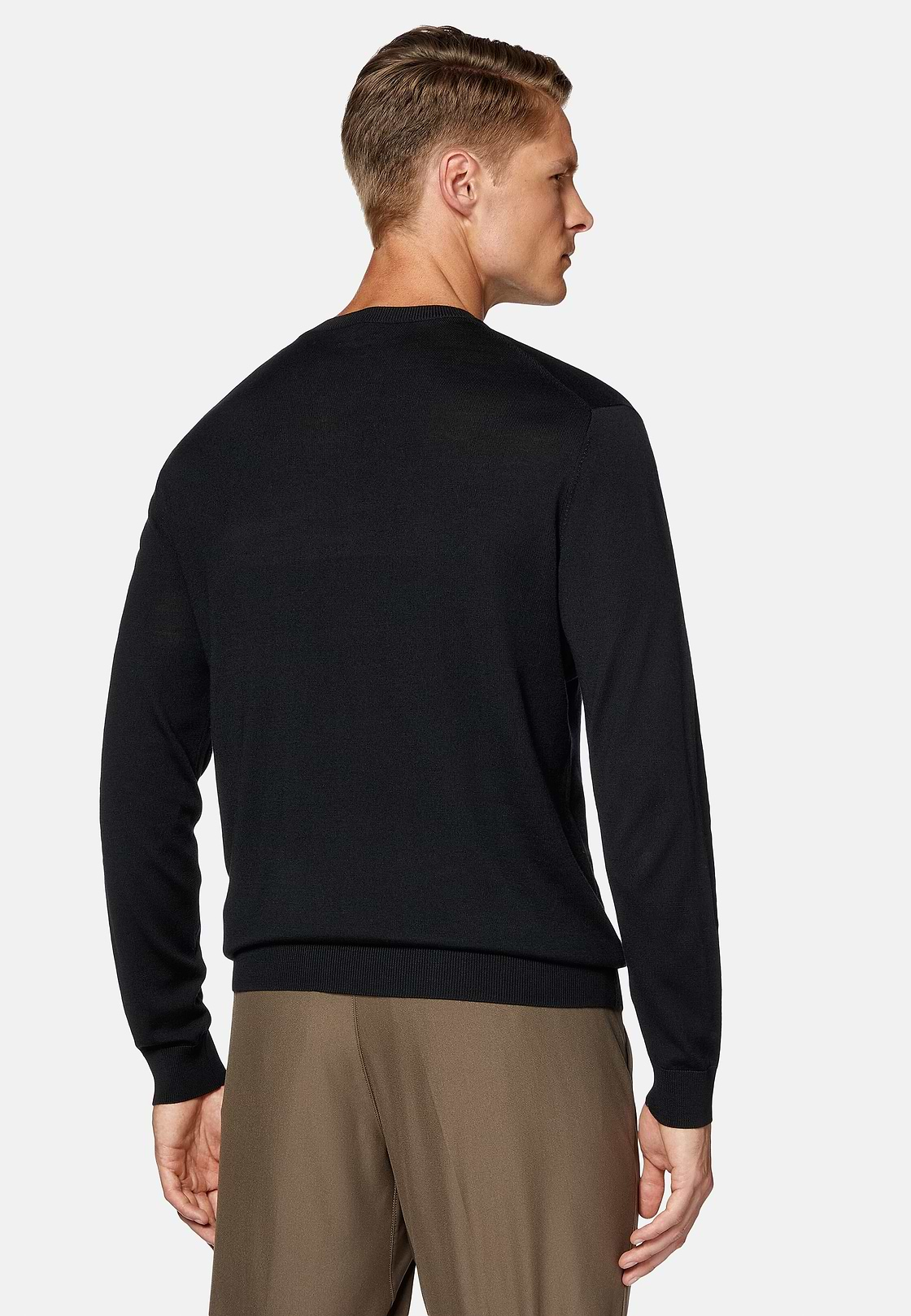 Black Crew Neck Jumper in Superfine Merino Wool, Black, hi-res