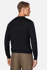 Black Crew Neck Jumper in Superfine Merino Wool, Black, hi-res