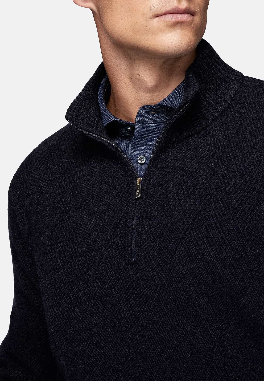 Pull Demi-Zip Bleu Marine En Laine Nylon, bleu marine, hi-res