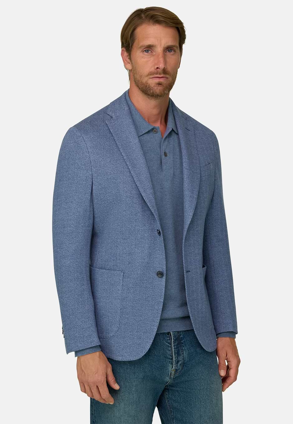 Blazer Herringbone Wool Cotton B Jersey, Indigo, hi-res
