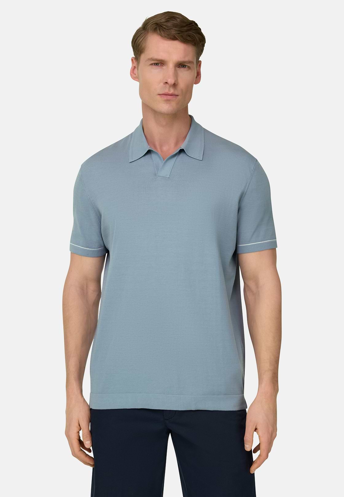 Strick-Poloshirt Aus Baumwollkrepp, Hellblau, hi-res, 1