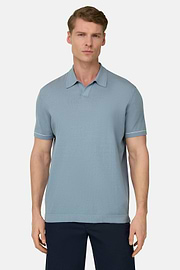 Strick-Poloshirt Aus Baumwollkrepp, Hellblau, thumb, 1