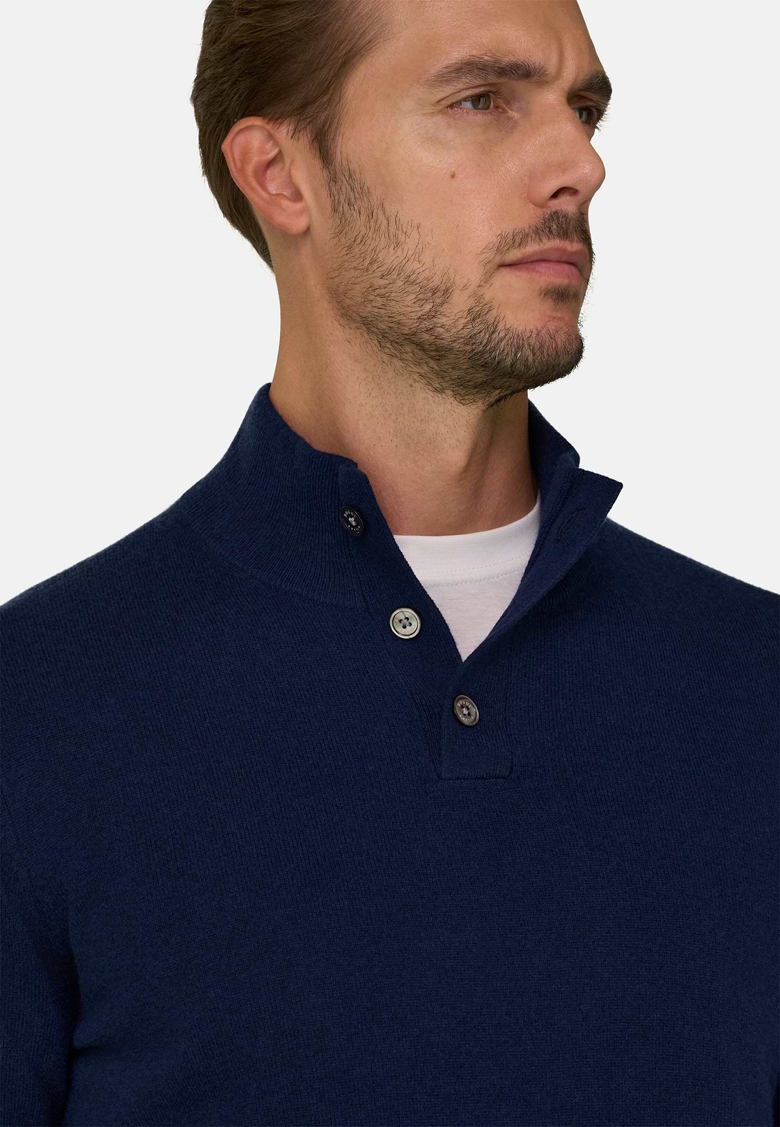 Roll Neck Jumper Buttons in Wool Cashmere, Navy blue, hi-res, 3