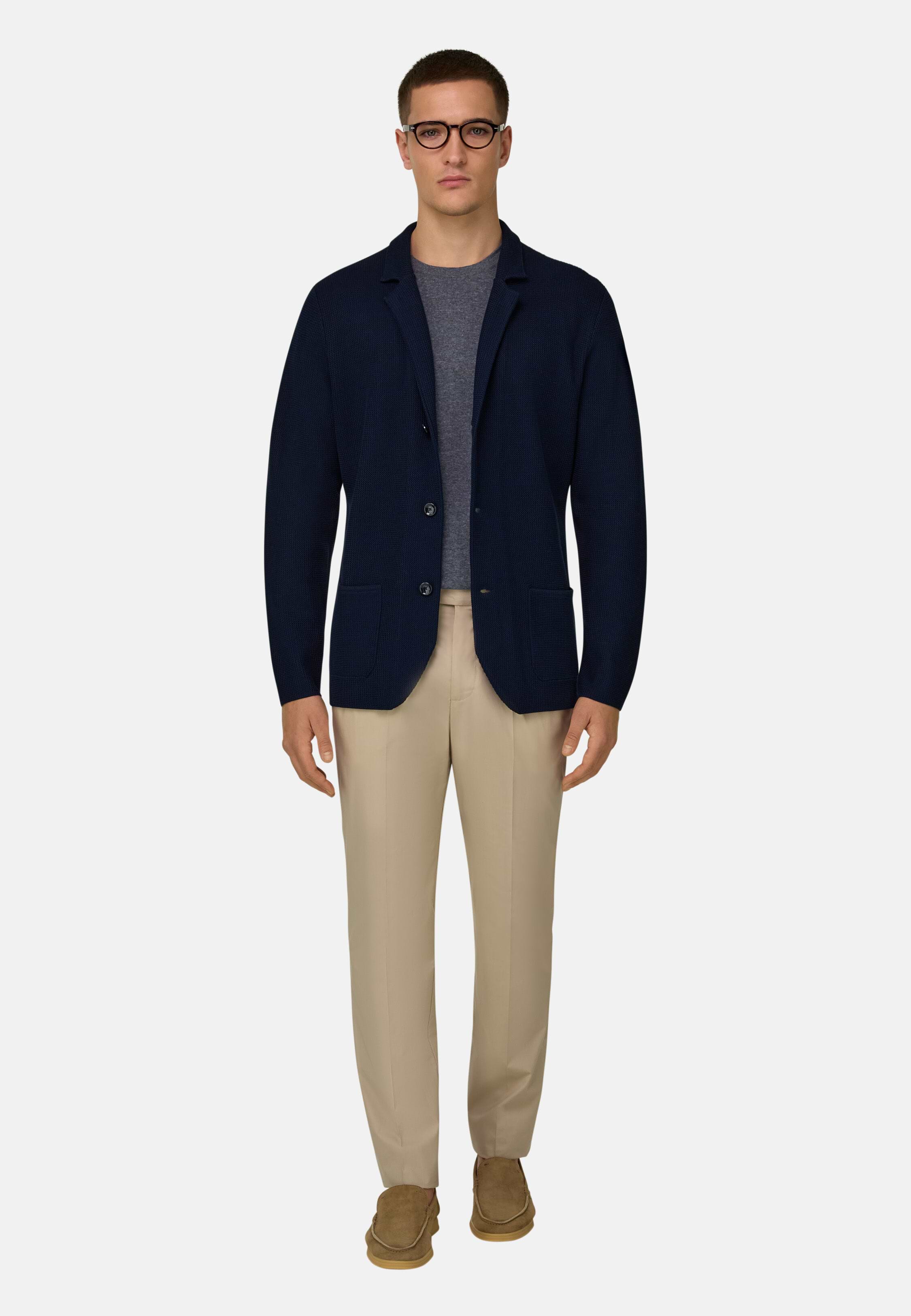 Men's Single-Breasted Knitted Jacket in Mercerised Cotton, Navy