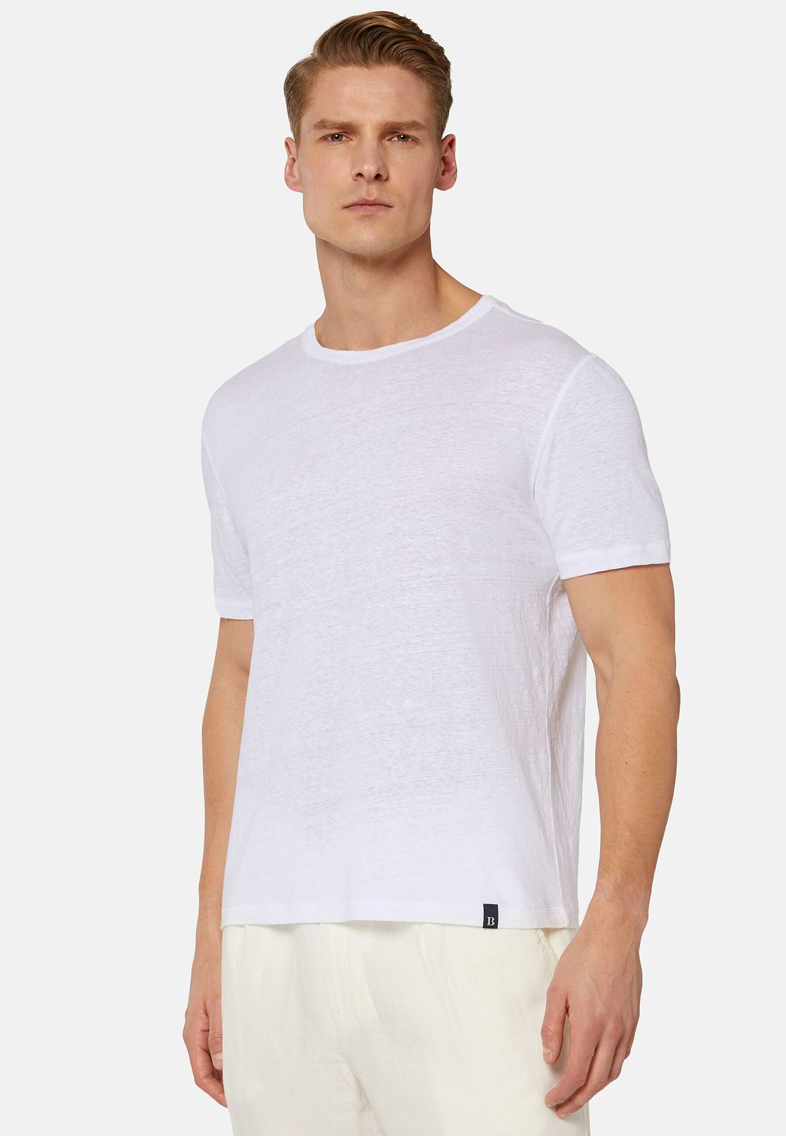 T-Shirt in Stretch Linen Jersey, White, hi-res