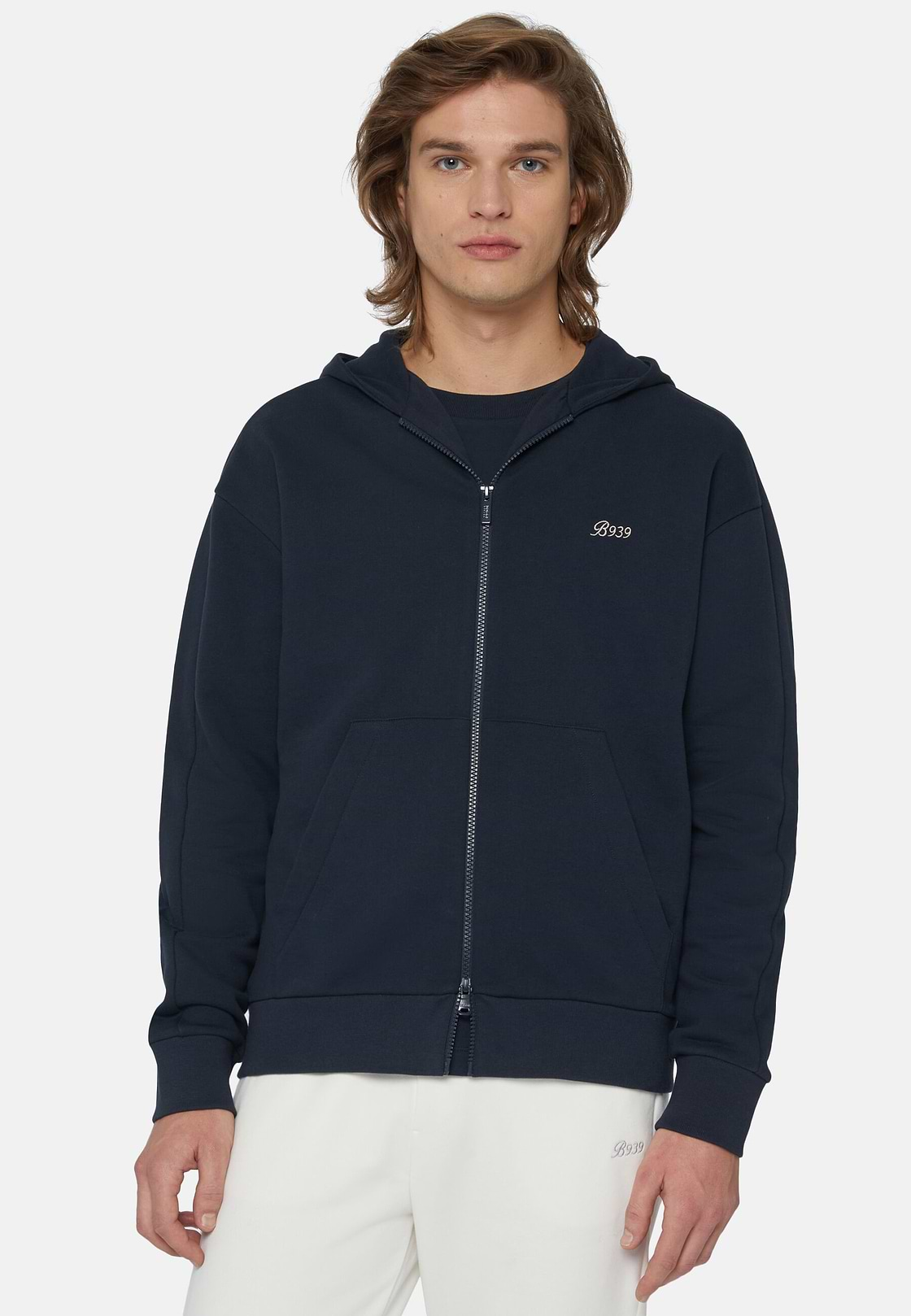 Full Zip Sweatshirt In Organic Cotton Blend, Navy blue, hi-res