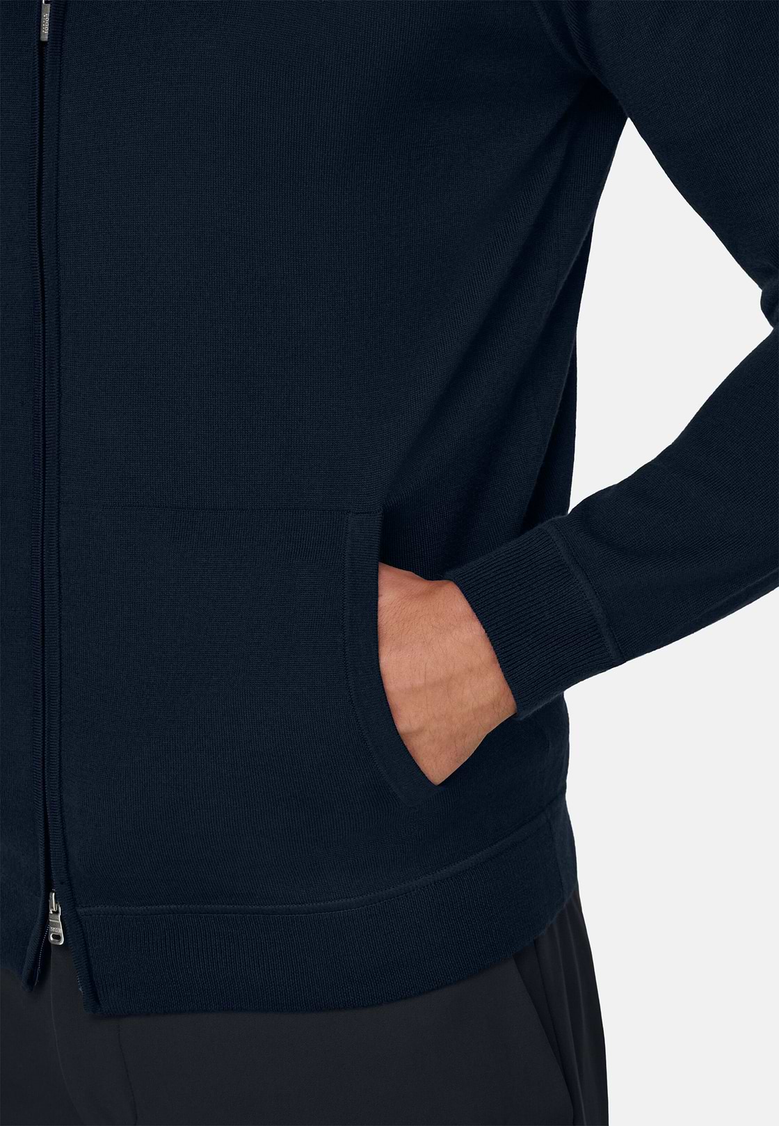 Full Zip Hooded Jumper in Superfine Merino Wool, Navy blue, hi-res, 3