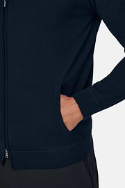 Full Zip Hooded Jumper in Superfine Merino Wool, Navy blue, thumb, 3