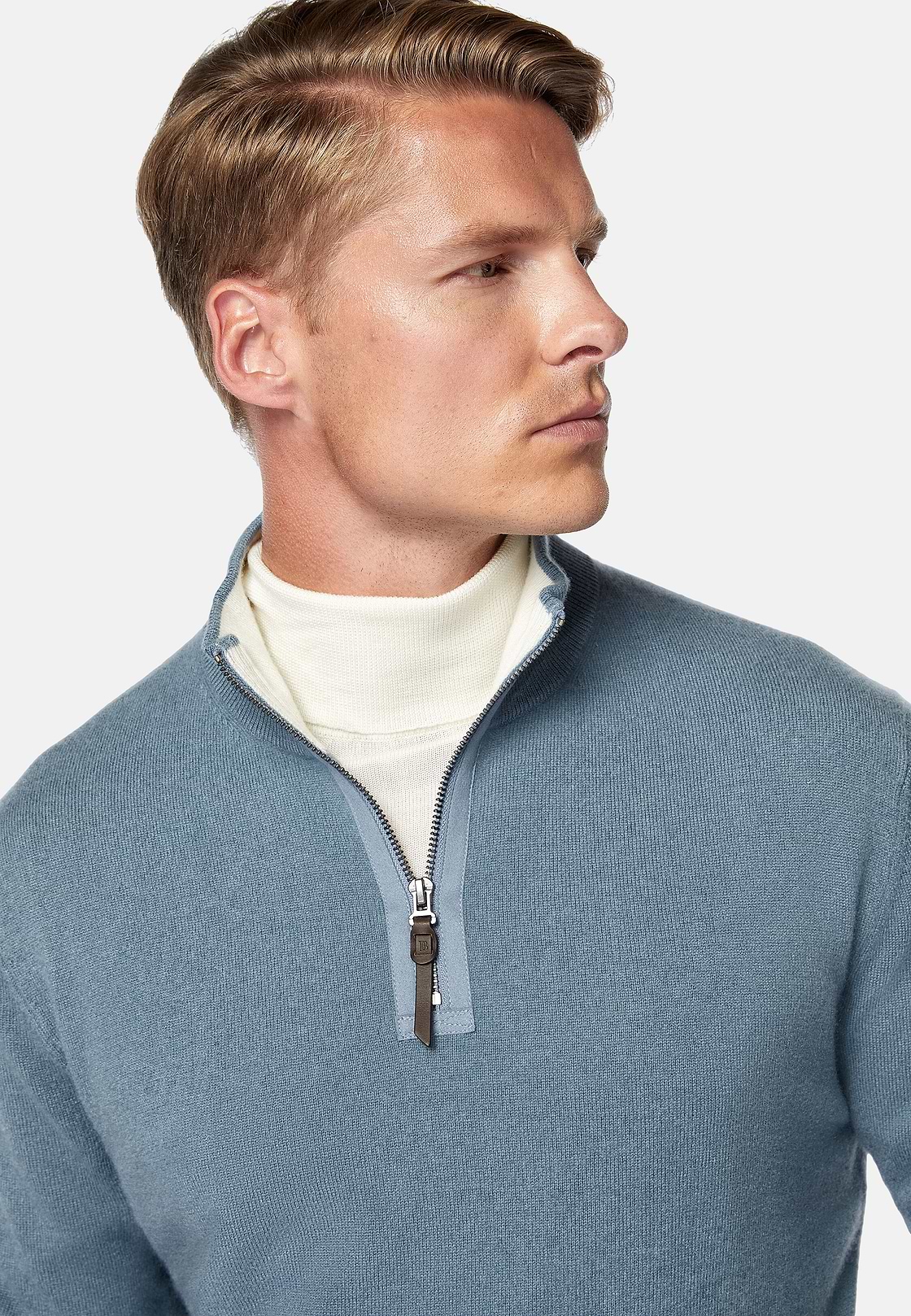 Indigo Cashmere Half Zip Jumper, Indigo, hi-res