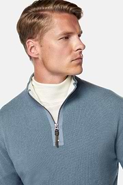 Indigo Cashmere Half Zip Jumper, Indigo, hi-res