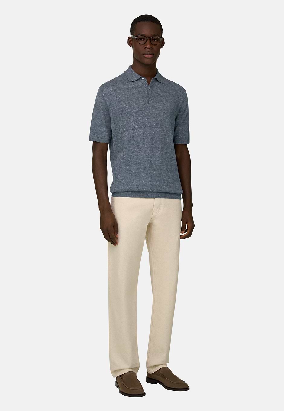 Linen and Cotton Knitted Polo Shirt, Indigo, hi-res