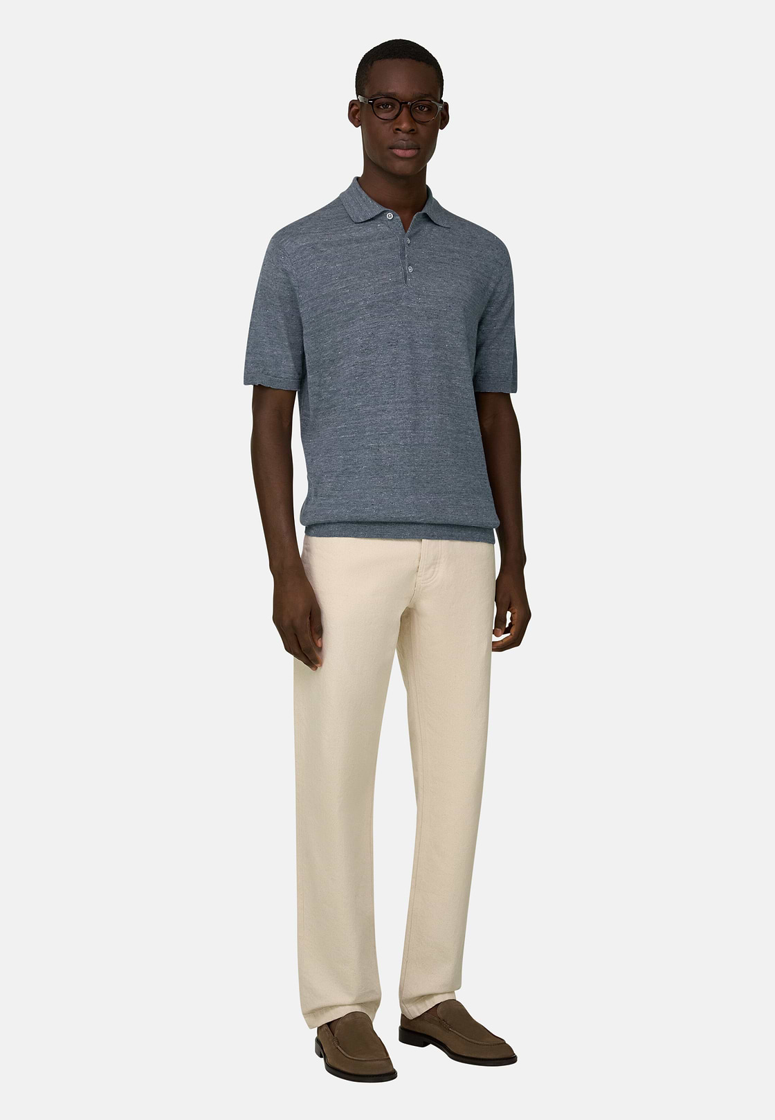 Polo En Maille De Lin Et Coton, Indigo, hi-res, 2
