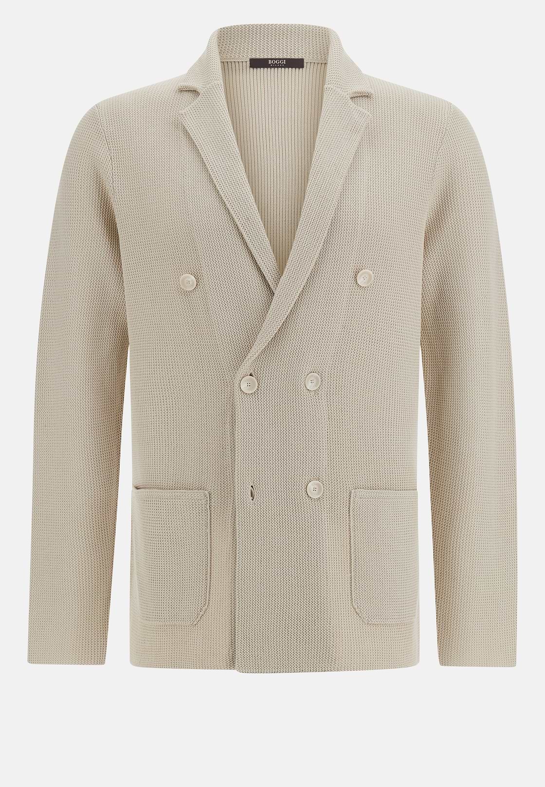 Double-Breasted Knitted Jacket in Cotton Crêpe, Sand, hi-res