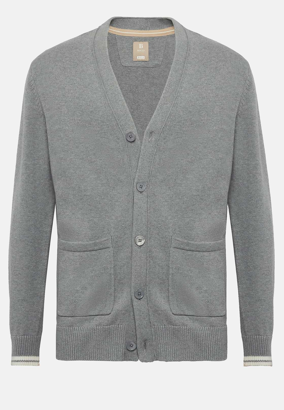 Cardigan Gris En Maille De Coton Bio, Gris, hi-res