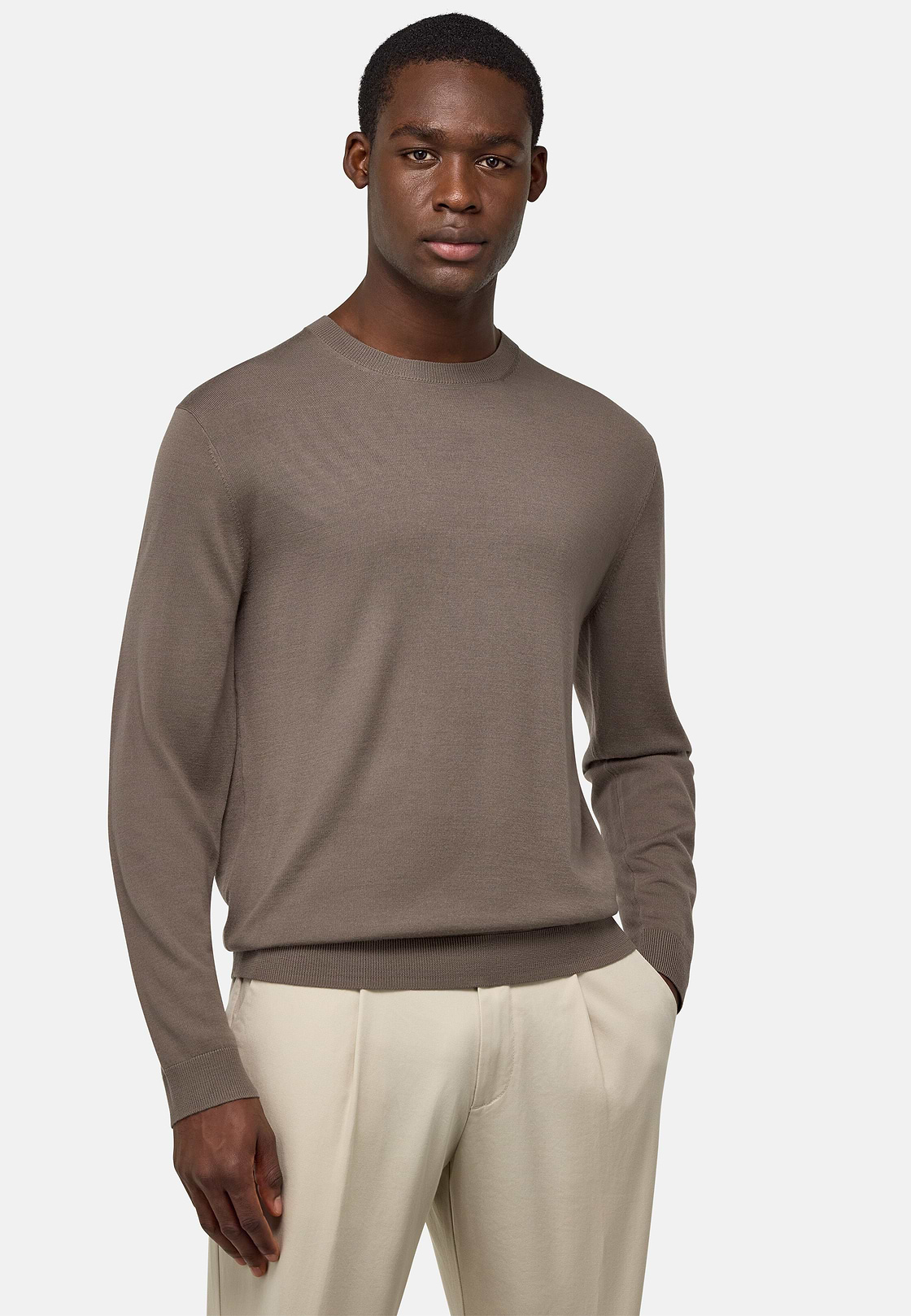 Jersey De Cuello Redondo De Lana Merina, Taupe, hi-res