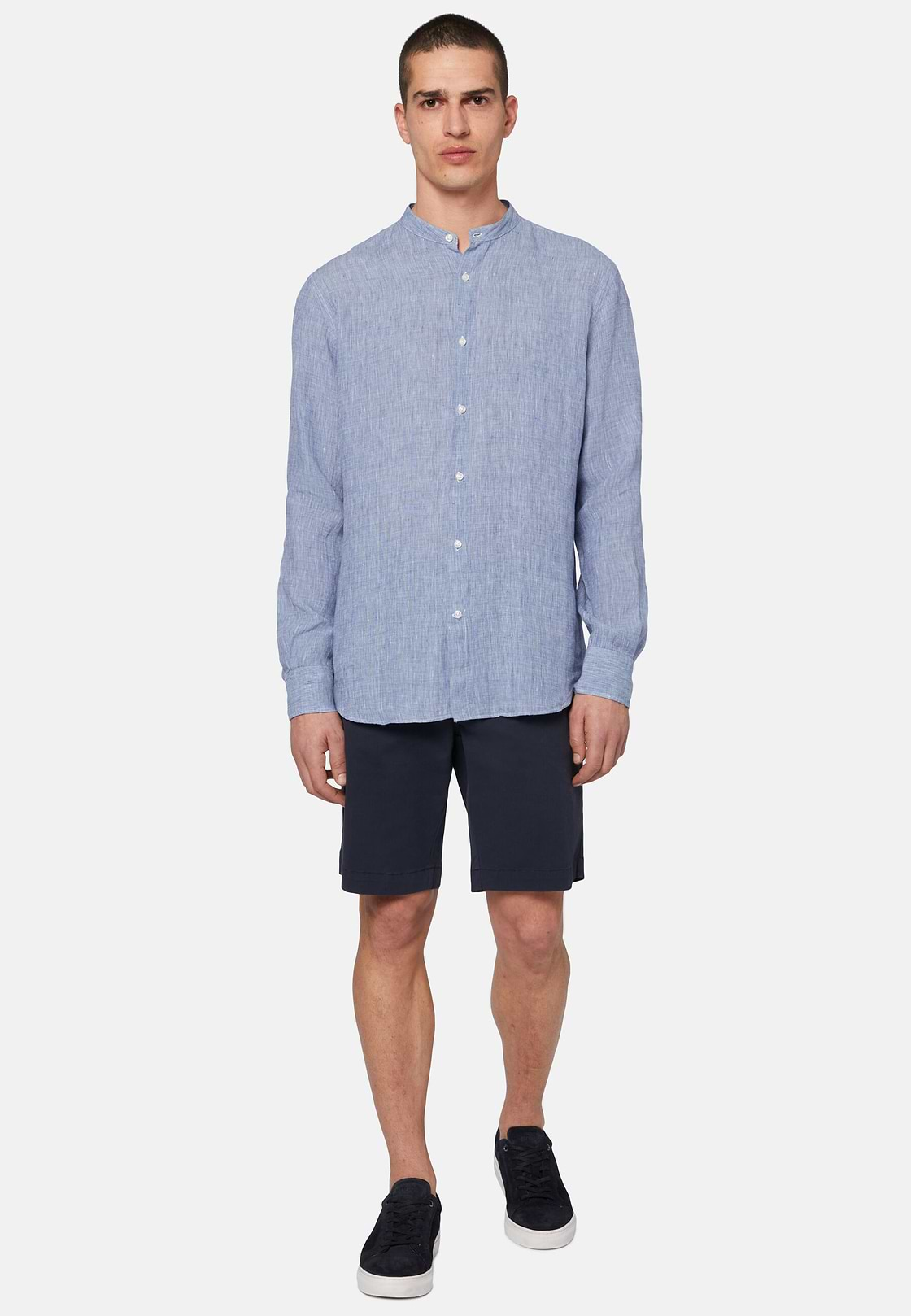 Chemise Col Mao en Lin, Bleu, hi-res