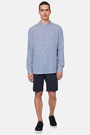 Chemise Col Mao en Lin, Bleu, hi-res