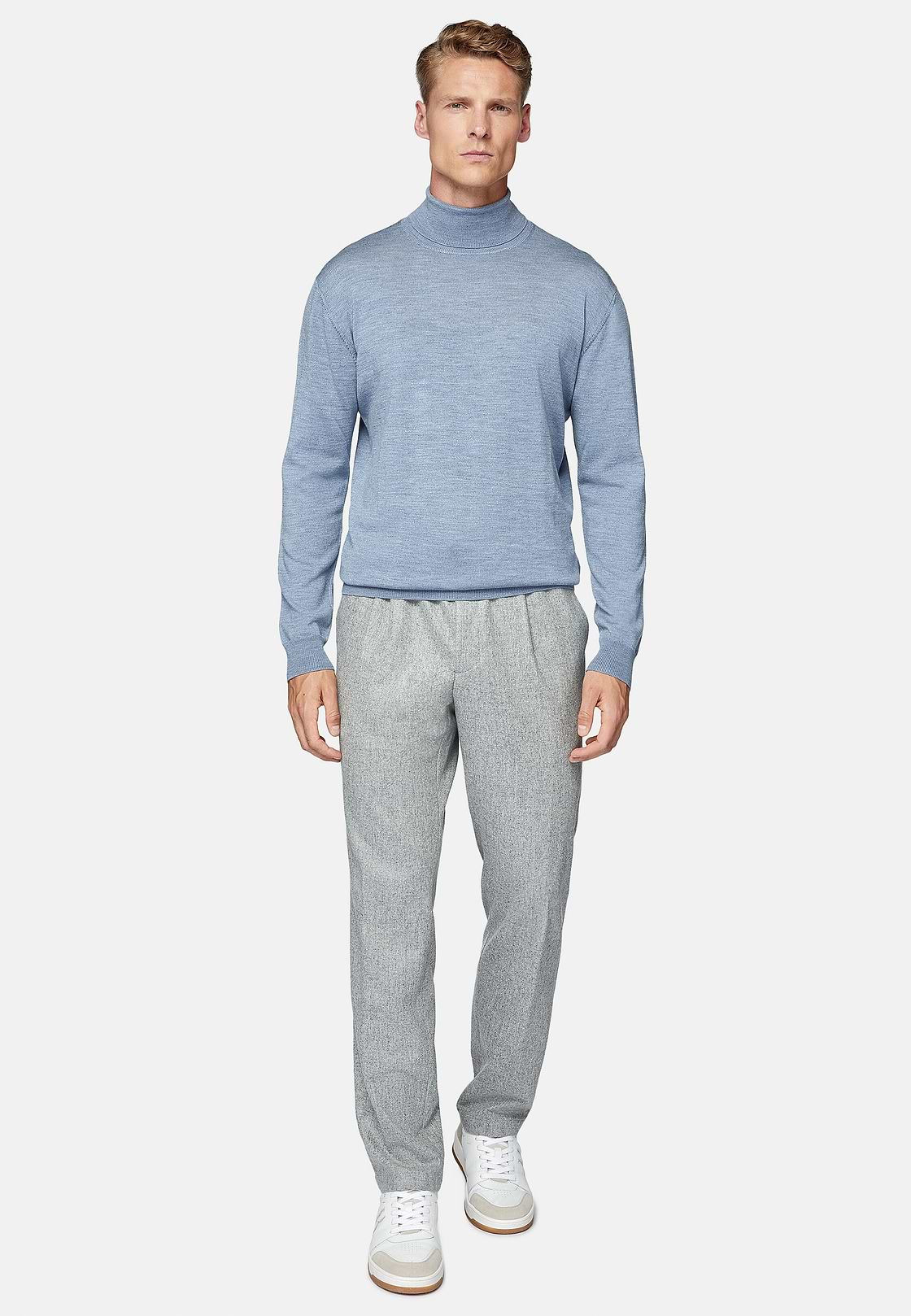 Sky Blue Merino Wool Polo Neck Jumper, Light Blue, hi-res