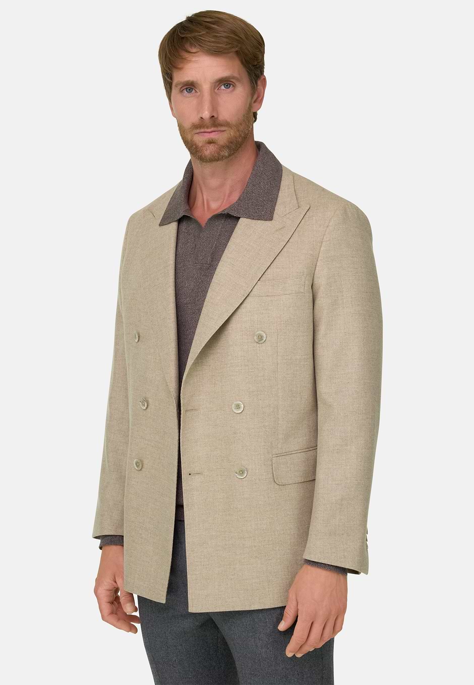 Blazer Double-Breasted in Wool Cashmere, Beige, hi-res